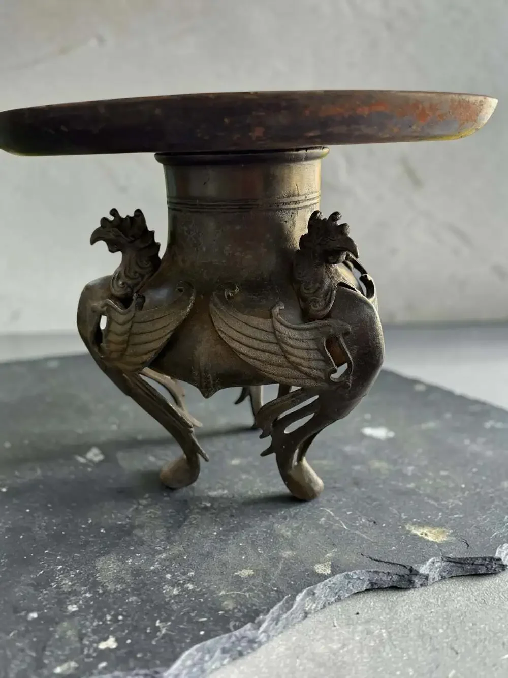 Antique Japanese Bronze Usubata Ikebana Flower Vase with Phoenix Legs